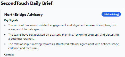 SecondTouch daily brief preview with key relationships and suggested next actions