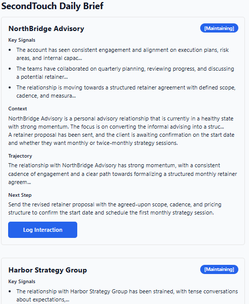 SecondTouch daily brief showing relationship priorities, important moments, and suggested follow-ups